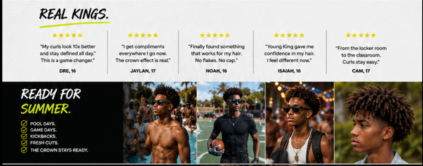 Promotional graphic for a hair care product with text and images of people, featuring a crown symbol.