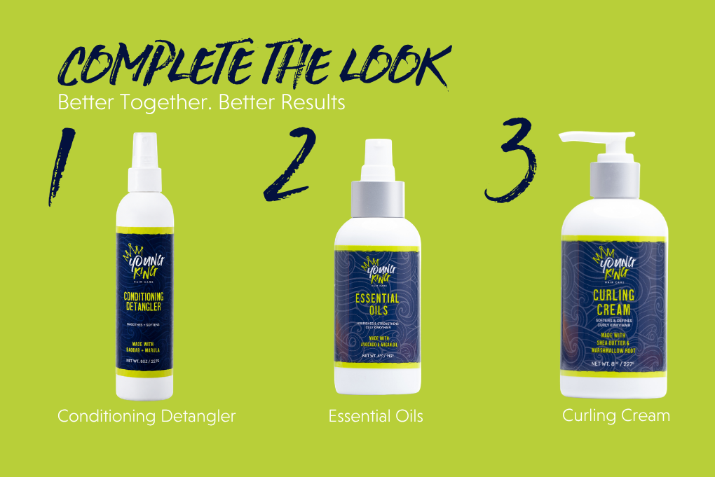 Three bottles of hair care products with labels on a green background